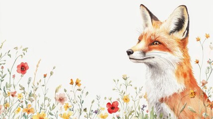 Fototapeta premium Fox standing in a colorful field of wildflowers under a clear blue sky