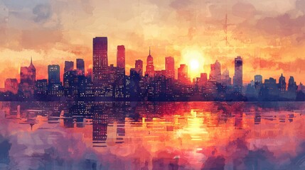 Obraz premium Painting of a city skyline silhouette during sunset with vibrant colors reflecting in the sky