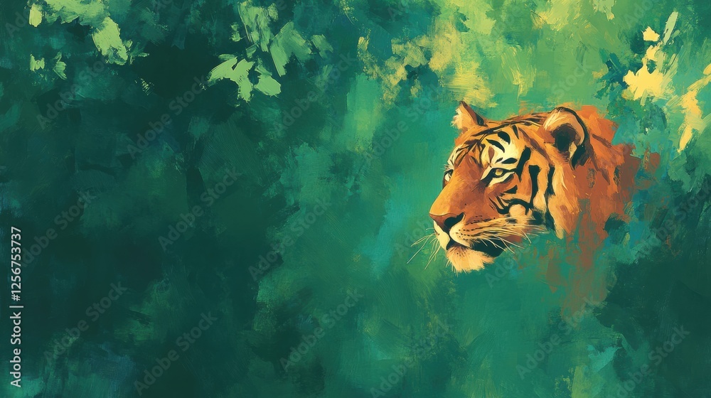 Poster vibrant tiger portrait set against a lush jungle backdrop inviting your imagination and creativity. 