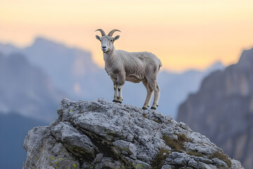 Mountain Goat On Rocky Peak Sunrise Sunset