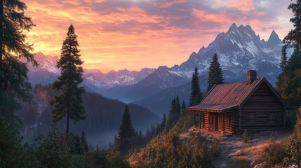 picturesque wooden mountain hut nestled among the pines, with a stunning view of the surrounding peaks and valleys, bathed in the soft light of a winter sunset