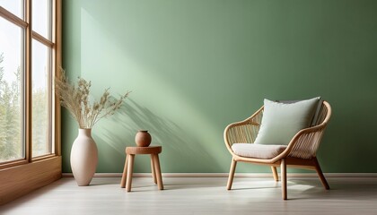Empty Pastel Green Wall Mockup in Scandinavian Interior with Simple Birchwood Chair and a Ceramic Vase. Natural Daylight From a Window. Promotion Background.