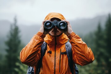 Man in orange raincoat using binoculars outdoors. Perfect for adventure, exploration, or nature themes.