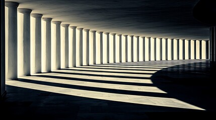 Colonnaded walkway, sunlight shadows, architectural perspective, modern building, design concept.
