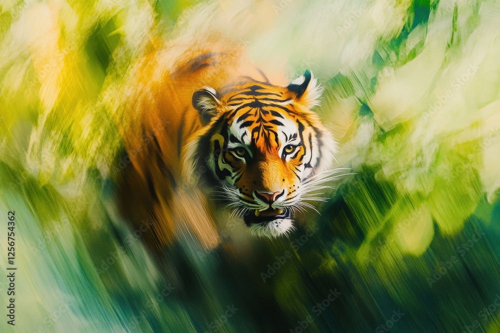 Fototapete Impressionist portrayal of a tiger emerging from a lush jungle setting with vibrant colors and ample space for text insertion. Generative AI