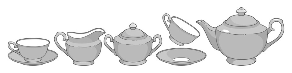 Gray tea set. Beautiful dishes. Tea service, isolated on white. Vector illustration.