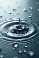 Water droplets on gray background with ripples and reflections, droplets, gray background