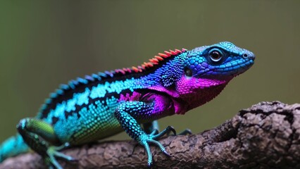 Fototapeta premium Stunning lizard showcasing vivid rainbow colors, featuring intricate patterns on its scales, resting gracefully on a textured branch against a blurred natural background