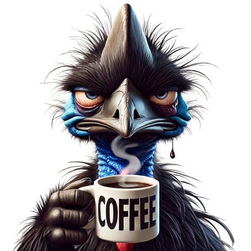 Grumpy Coffee Drinking Cassowary &ndash; Quirky Animal Cartoon Illustration for Coffee Lovers & Office Humor