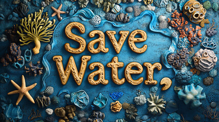 Save Water poster with colorful coral and marine life elements, emphasizing ocean conservation and environmental awareness. vibrant and playful design encourages eco friendly actions