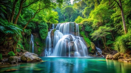 Waterfall cascading gracefully in the midst of a lush forest, woodland environment, fresh water cascade
