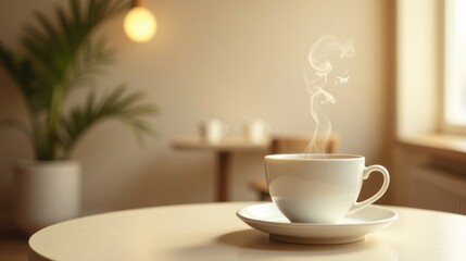Obraz premium Aromatic Steam Rising from a Warm Cup of Coffee on a Table in a Calm and Serene Indoor Setting