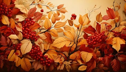 Fototapeta premium Autumnal art showcases warm, inviting color palette with leaves and berries in abundance.