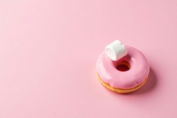 Pink glazed donut with a marshmallow on top against a pink background