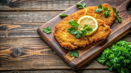 Crispy breaded and fried veal cutlet on a wooden cutting board with fresh parsley and lemon slices around it, fried