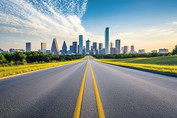 Open road leading to a city skyline