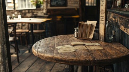 rustic wooden table in a rural roadside restaurant, with a stack of menu cards and an old wooden signpost indicating the direction, creating a welcoming rural vibe