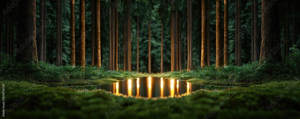 Aufkleber glow forest concept. mysterious forest with glowing lights reflecting on calm water surface surround