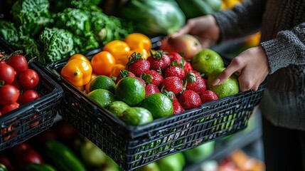 Woman holding a basket filled with fresh fruits and vegetables in a bright outdoor setting