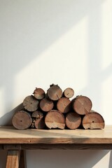 A stack of natural wood rounds rests on a rustic wooden table against a minimalist white wall, bathed in warm sunlight.