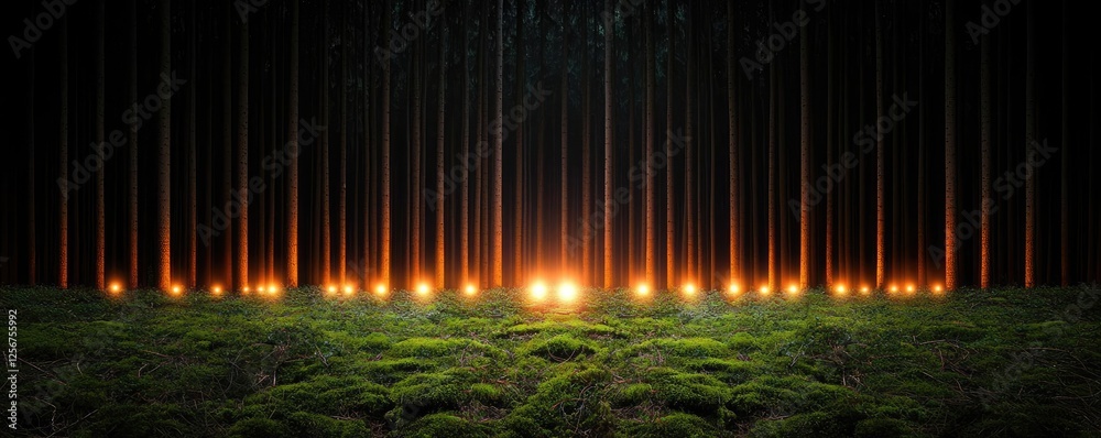 Poster glow forest concept. a mystical forest scene illuminated by glowing lights among dark trees and moss