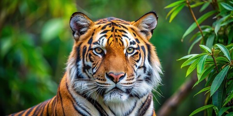 Obraz premium Close-up shot of Bengal tiger's face with piercing eyes and distinctive stripes gazing calmly into the distance through a clearing in the dense foliage , indian subcontinent animals, nature scenery