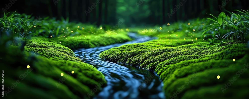 Poster Glow forest concept. A tranquil stream flows through a lush green forest, illuminated by soft glowing lights.