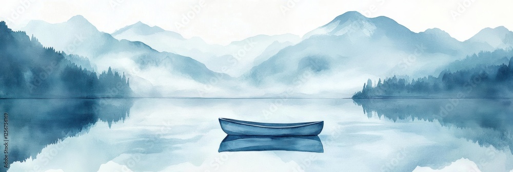 Poster serene watercolor illustration of a single rowboat on a calm mountain lake with spacious sky for tex
