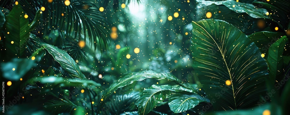 Poster glow forest concept. lush green foliage illuminated by soft light creates a serene atmosphere in nat