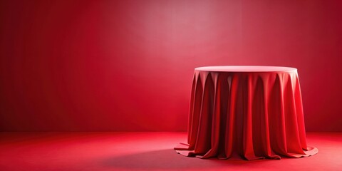 Cylinder podium covered with cloth on a red background, decorative, centerpiece,  decorative, centerpiece, high end