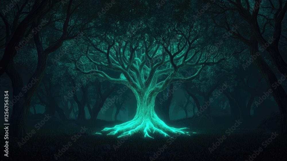 Poster glow forest concept. a mystical glowing tree stands in a dark forest, surrounded by ethereal light a