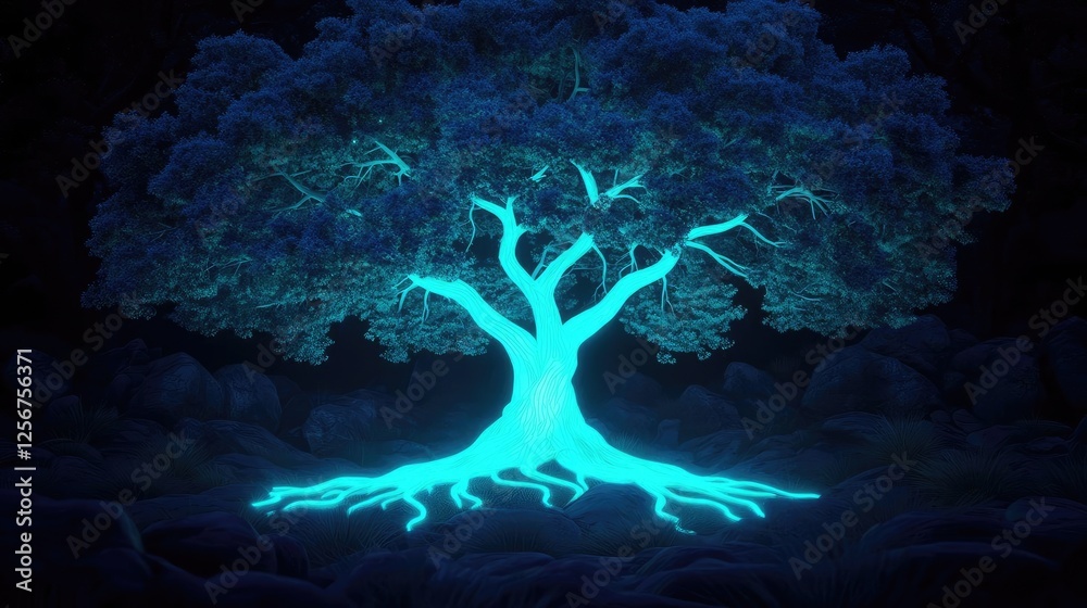Poster glow forest concept. a glowing tree illuminated in blue, symbolizing life and connection to nature.