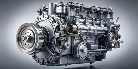 Diesel engine parts on gray background with technical details , machinery, diesel engine
