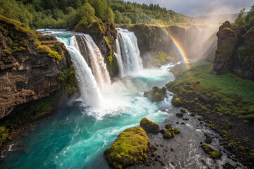 Obraz premium Waterfall cascading into turquoise pool with vibrant rainbow and lush greenery