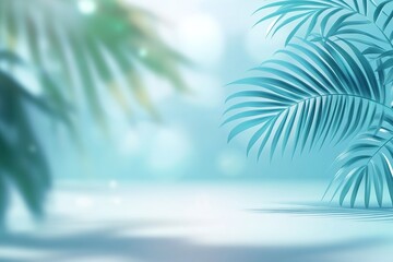 Tranquil teal palm leaves and serene beach scene
