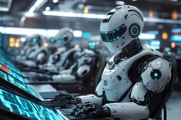 Robotic assistants working collaboratively with humans in futuristic environment, showcasing advanced technology and innovation. scene highlights integration of robotics in modern workplaces