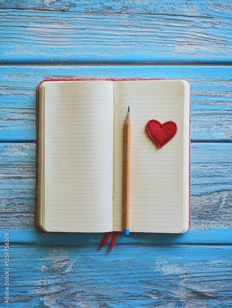 Poster open notebook with pencil on bright wooden desk ready for creative ideas and thoughts during a sunny