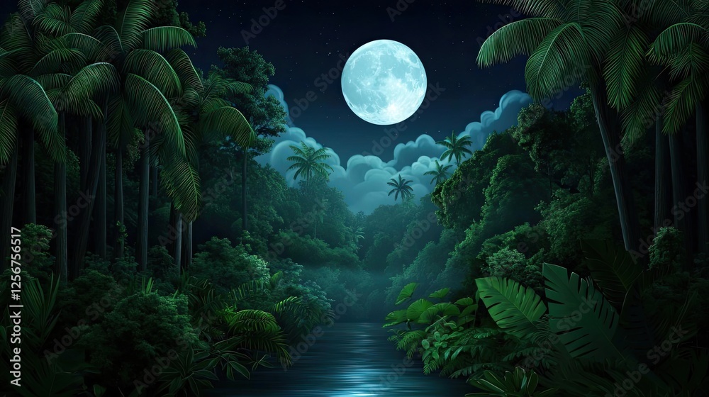 Aufkleber glow forest idea. a serene nighttime view of a lush jungle under a bright full moon.