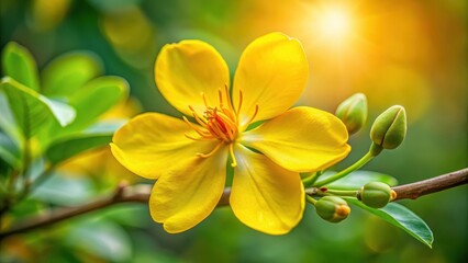 Close-up detail of vibrant yellow Ochna integerrima flower with delicate petals and center, against a soft green background , flowering plants , plant