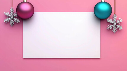 Blank Banner with Glittering Christmas Ornaments and Snowflakes on a Pink Background