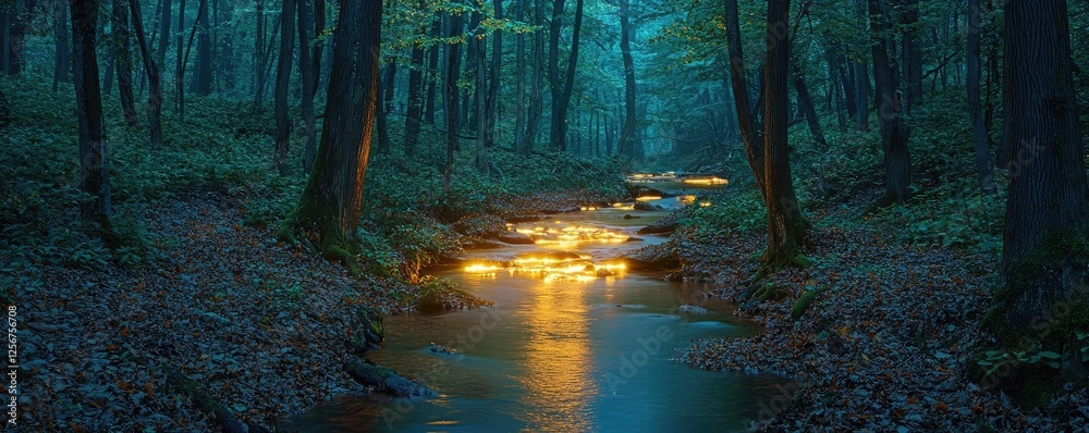 Poster Glow forest idea. A tranquil twilight forest scene with a glowing river reflecting soft light.