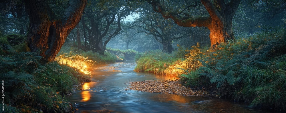 Poster Glow forest idea. Serene forest scene with a gentle stream illuminated by soft glowing lights.