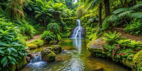 Water flowing from a natural spring amidst lush greenery and exotic plants in a botanical garden on Sao Miguel island, sao miguel, brazilian islands