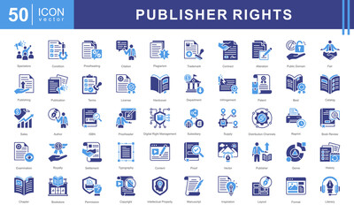 Publisher Rights icon set featuring icons related to publishing, copyright, licensing, plagiarism, royalties, and intellectual property. Ideal for authors, editors, and legal publishing materials.