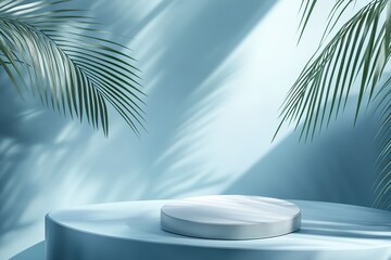 Serene display platform with palm fronds and sunlight