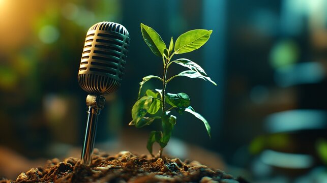 Vintage microphone is standing in fertile soil near a small plant, suggesting the power of communication in environmental protection