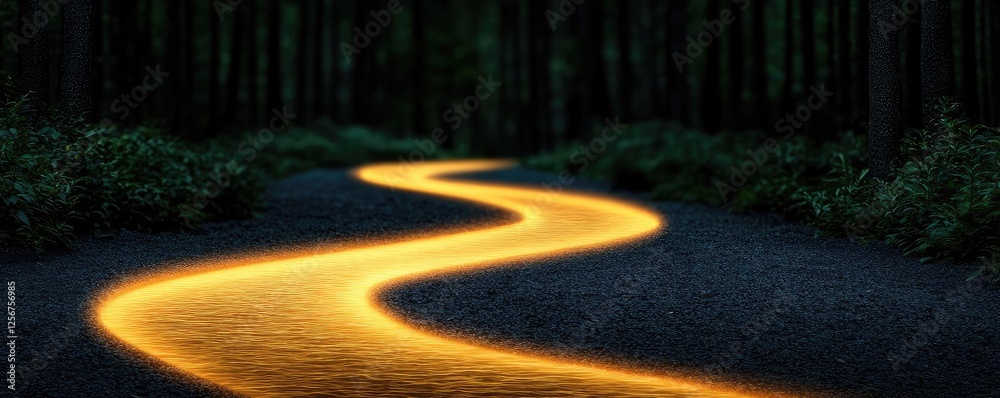Poster Glow forest idea. A winding path illuminated by a golden glow amidst a dark forest setting.
