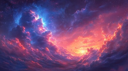 Fototapeta premium Vibrant sunset sky with dramatic clouds illuminated in shades of orange and blue, evoking tranquility