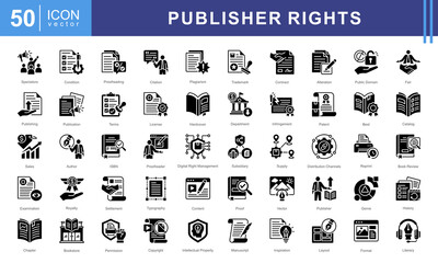 Publisher Rights icon set featuring icons related to publishing, copyright, licensing, plagiarism, royalties, and intellectual property. Ideal for authors, editors, and legal publishing materials.