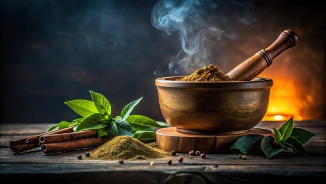 Traditional Ayurvedic medicine bowl with Jeshthamadh powder and Mulethi root stick in a moody, dimly lit atmosphere